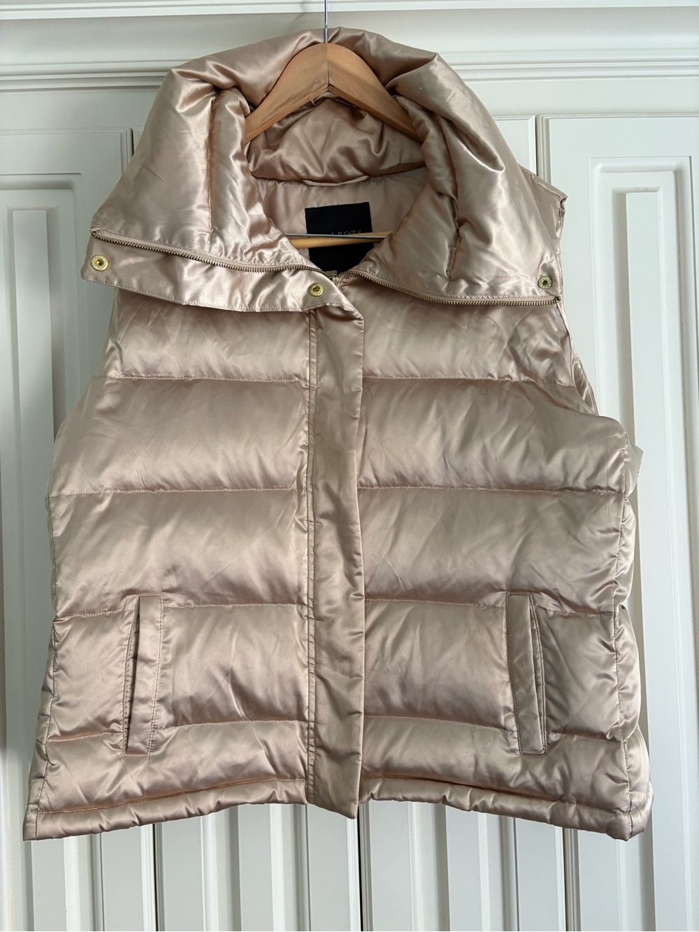 Talbots Satin Champagne Down Feather Puffer Vest Zip & Snap Size XL Metallic